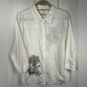 Talbots Whjte w/Blue Embroidery 3/4 Sleeves Blouse Shirt Top, 2X